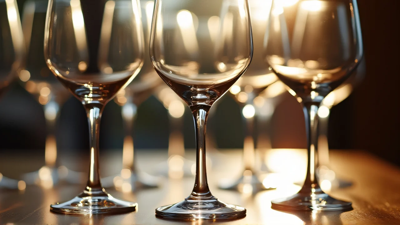 Multiple clear wine glasses on a reflective wooden table with soft backlight highlights.