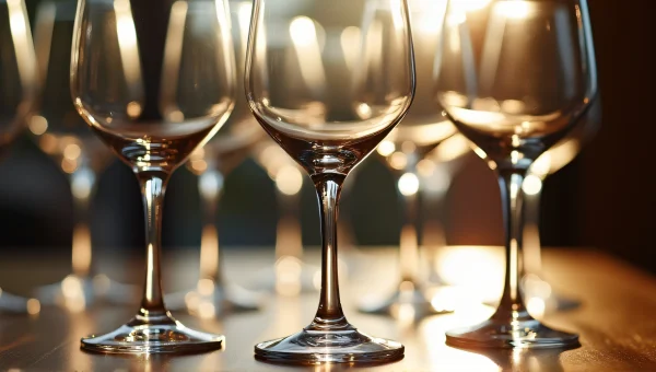 Close-Up Clear Wine Glasses Reflective Table Light