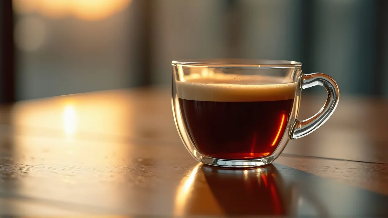 A close-up of a glass cup filled with coffee on a wooden table, featuring detailed reflections and soft lighting.