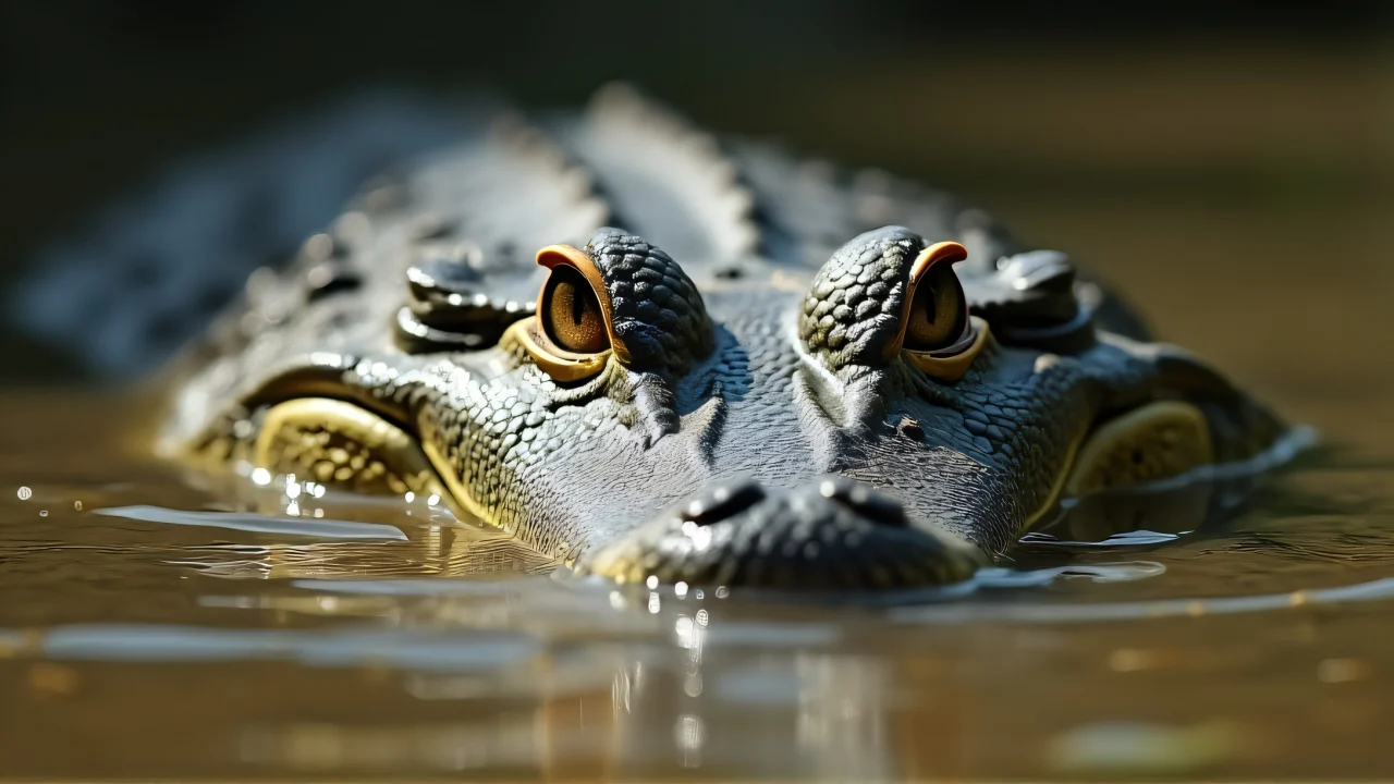 Close-up of a crocodile head in a shallow river with natural lighting.