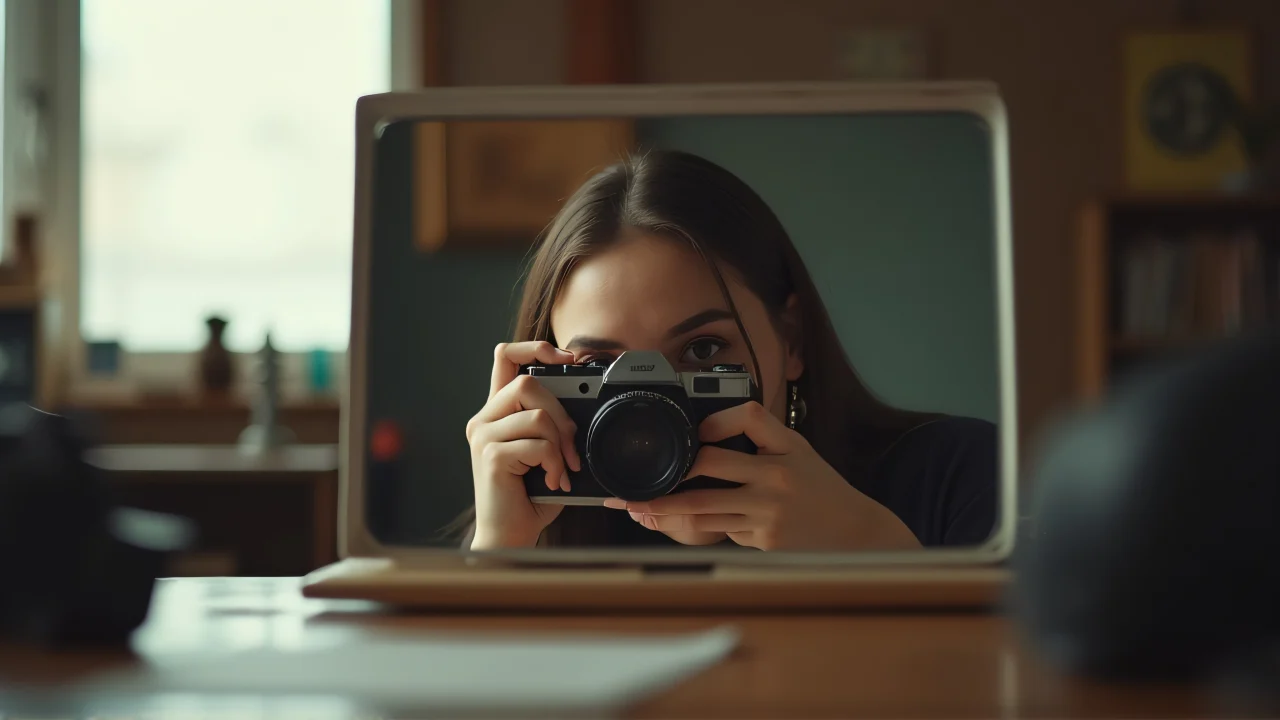 A woman holds a vintage camera reflected in a desk mirror with a cluttered wooden surface in soft light.