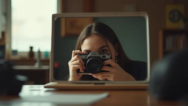 Close-Up Desk Mirror Reflecting Woman With Camera