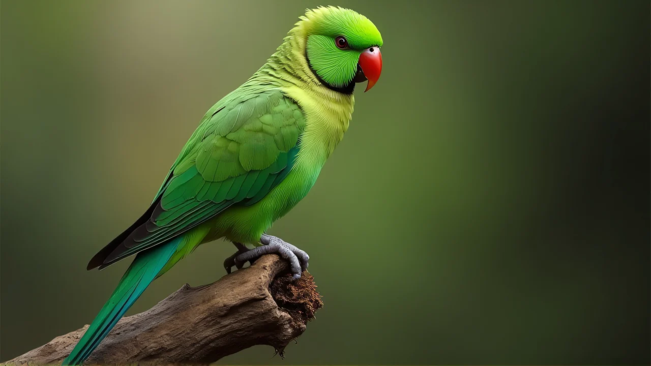 Emerald parakeet standing gracefully on a twisted branch.