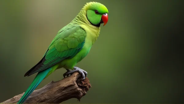 Close-Up Emerald Parakeet Perched on Gnarled Wood