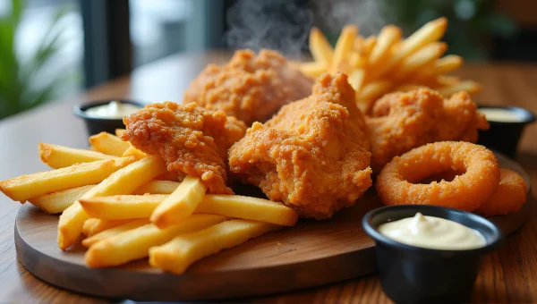 Close-Up Fried Food Assortment On Wooden Table