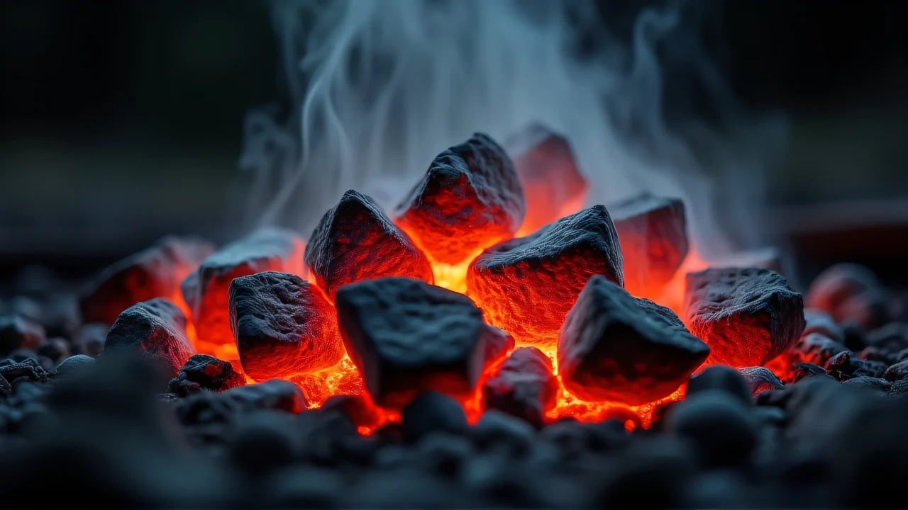 Close-up view of glowing coal bed with vibrant red-orange embers and drifting smoke.