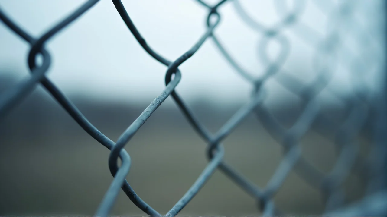 Close-up of a gray chain-link fence against an overcast sky.