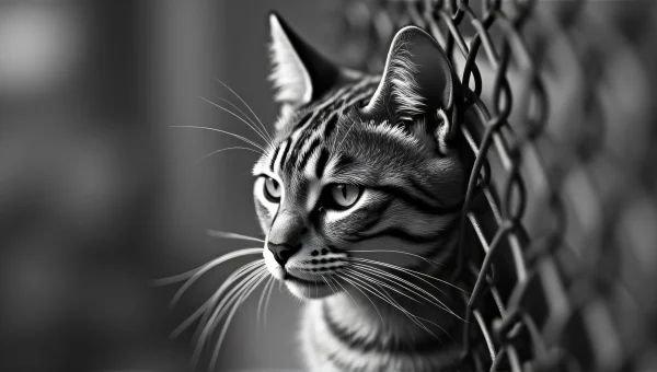 Close-Up Grayscale Cat Leaning Against Fence