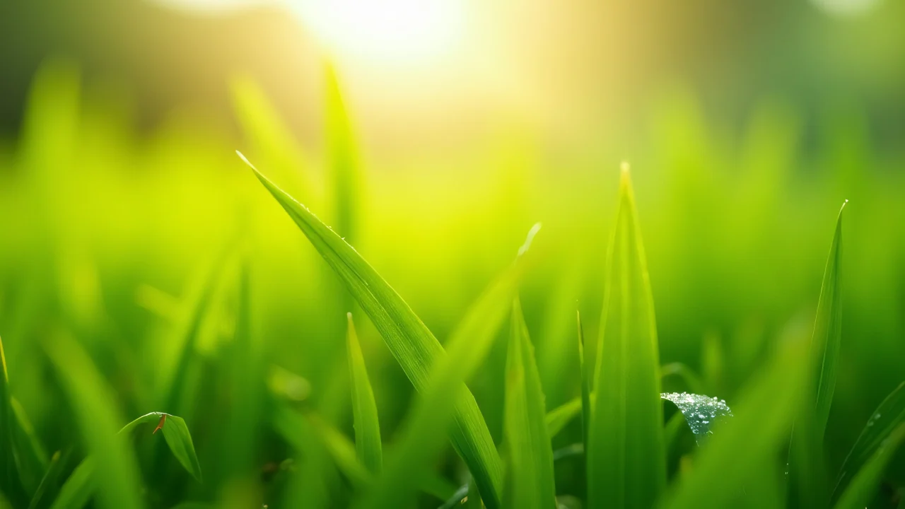 Close-up view of dewy green grass blades in morning light.