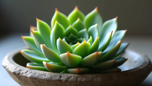 Close-Up Green Succulent Rosette in Stone Dish