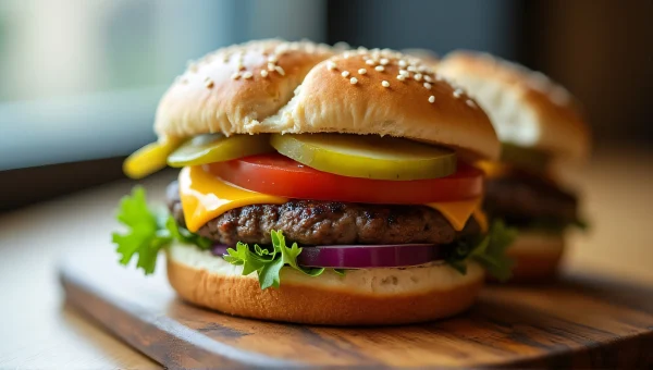 Close-Up Hamburger With Cheddar And Fresh Toppings