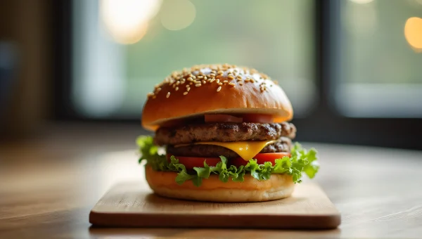 Close-Up Hamburger on Wooden Board in Natural Light