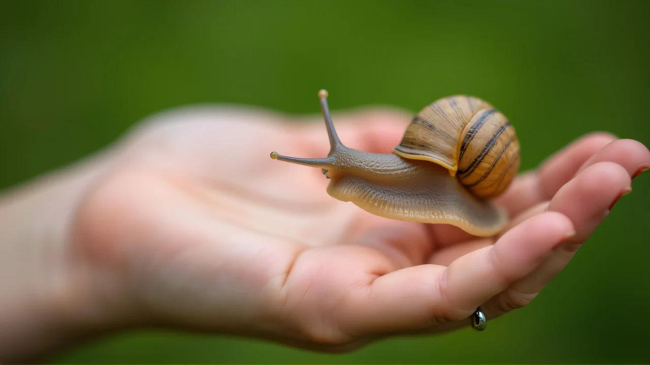 A person's hand gently holds a small snail, showcasing intricate shell details.