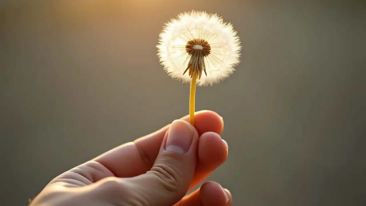 A hand gently holds a dandelion seed head against a soft background.