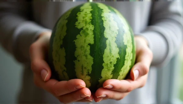 Close-Up Hand Holding Fresh Green Watermelon