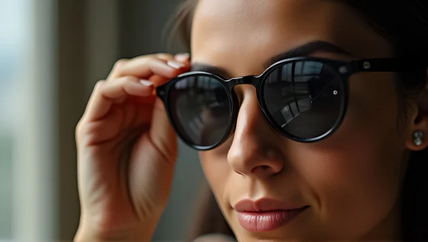Close-Up Hand Holding Sunglasses Near Face