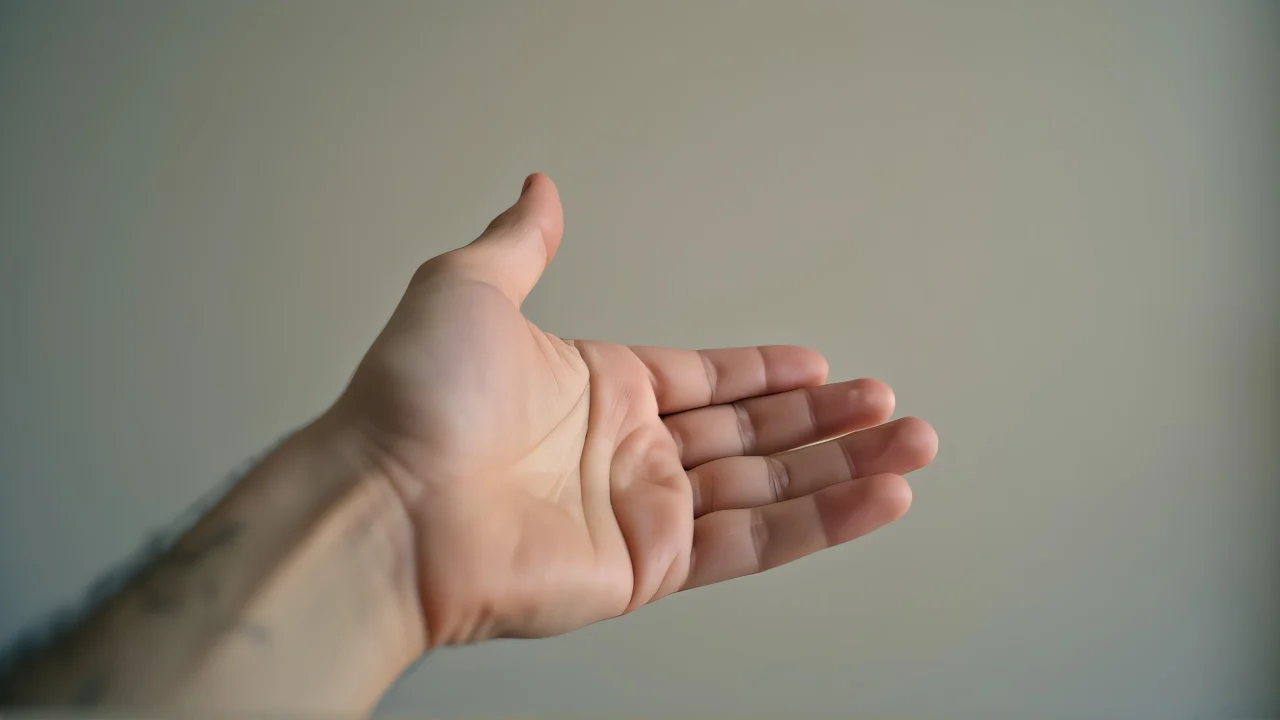 A close-up view of a person's hand reaching forward with the palm visible.