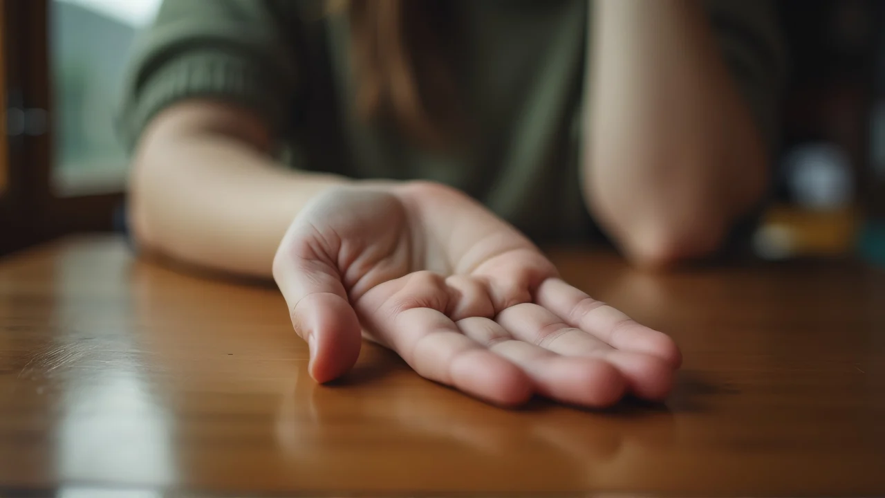A close-up of a person's right hand resting palm-up on a wooden surface.