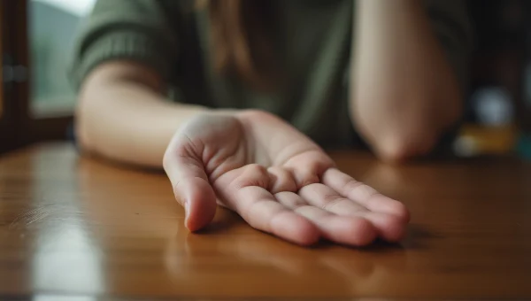 Close-Up Hand Resting on Wooden Table