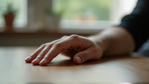 Close-Up Hand Resting on Wooden Table in Natural Light
