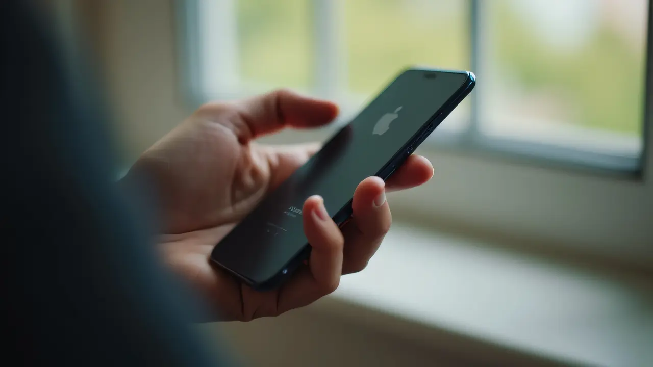 A close-up of a person holding an iPhone 8 in natural light.