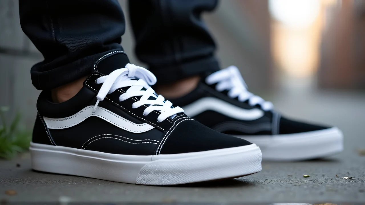 Close-up of black-and-white laced sneakers with textured soles in an urban environment.
