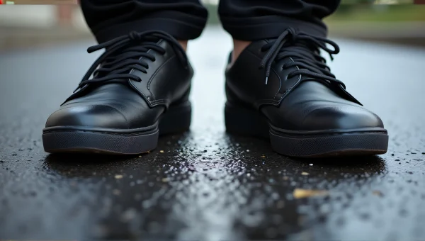 Close-Up Low-Angle Feet Black Shoes Wet Asphalt