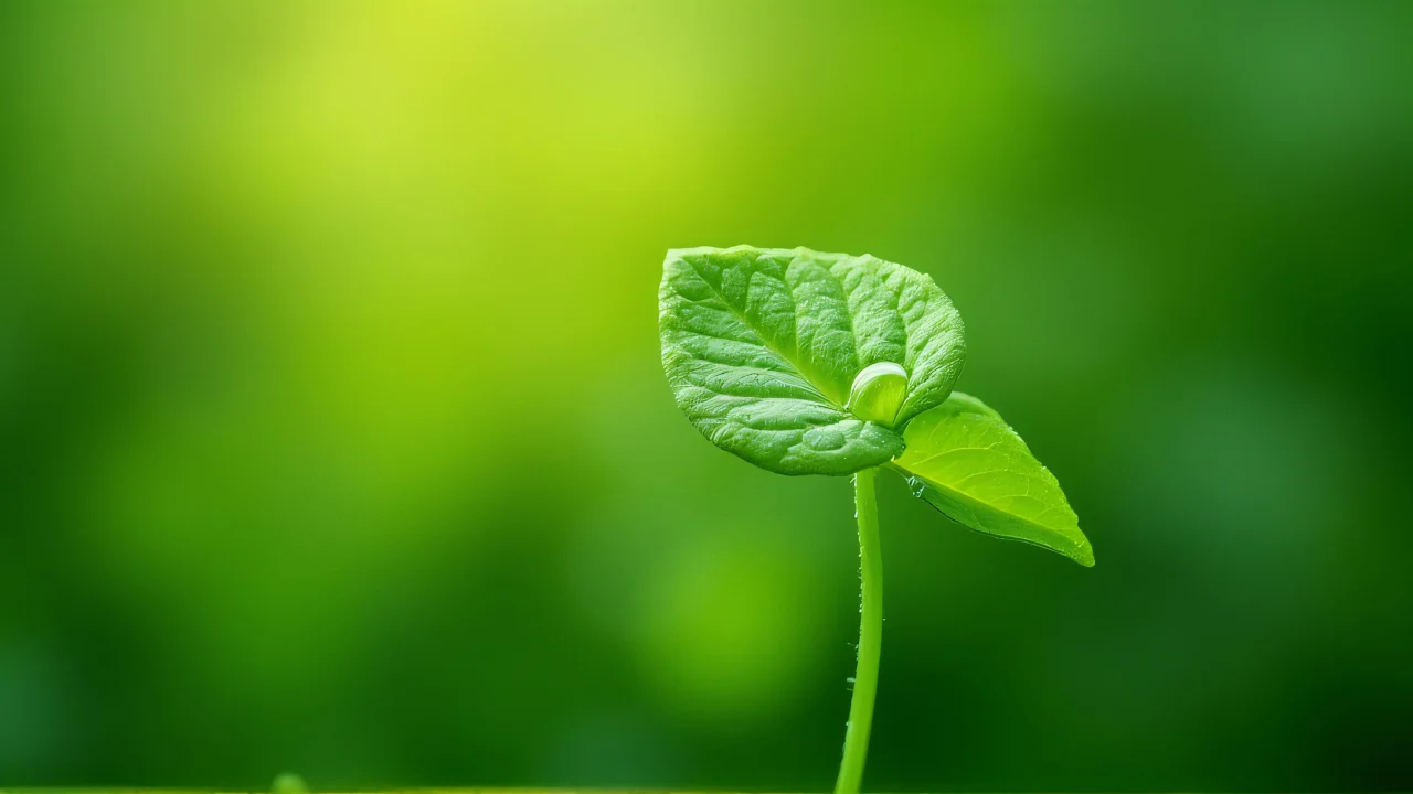 Close-up view of a green leaf with dew droplets in morning light.