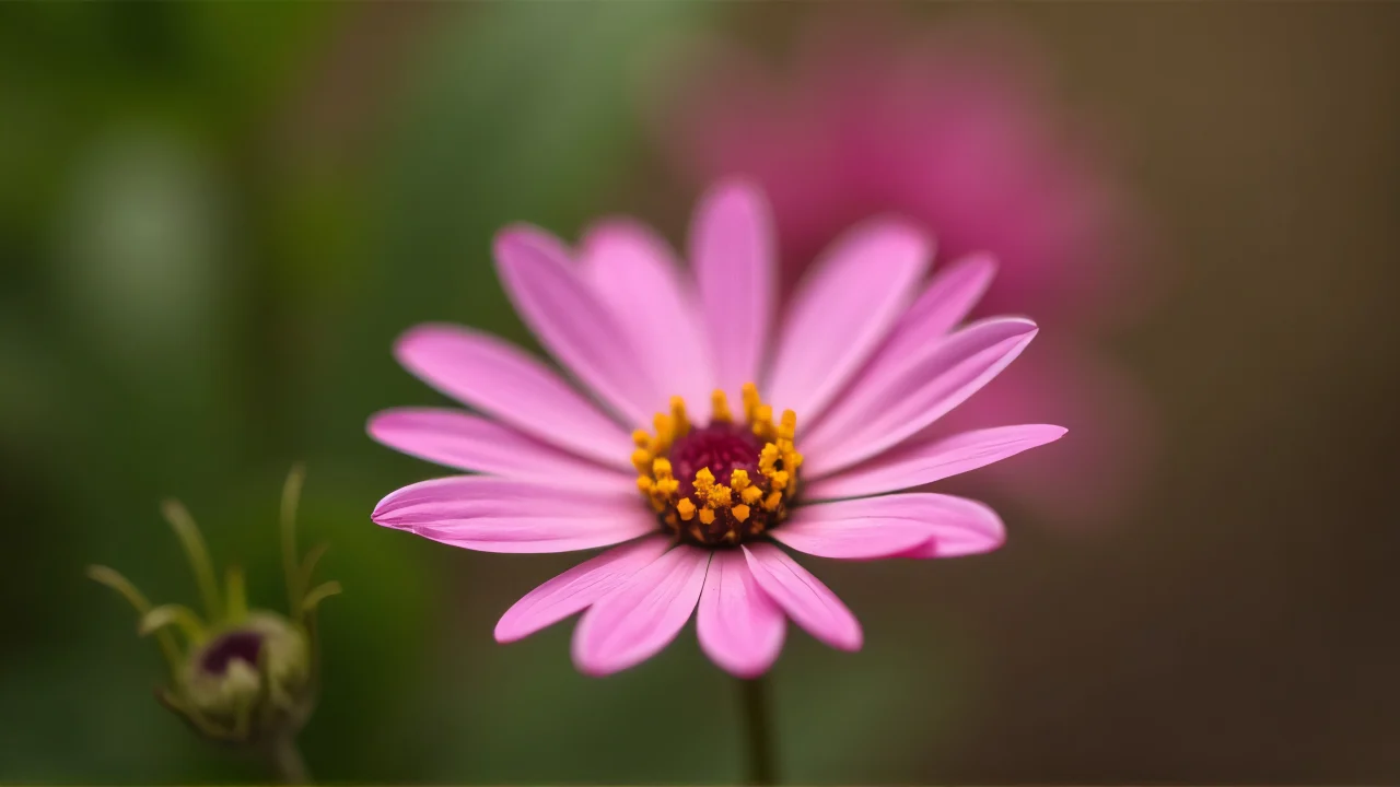 A close-up view of a single pink flower with a blurred green and brown background.