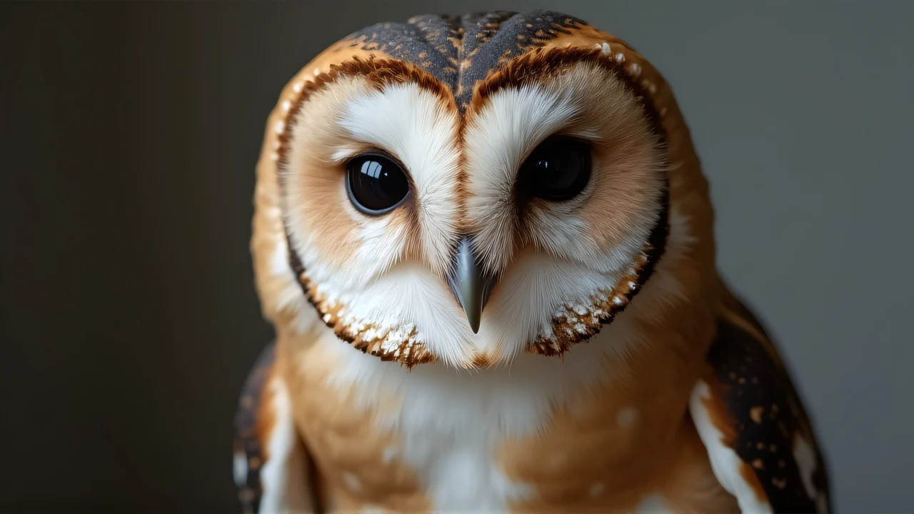 A close-up portrait of a brown-and-white owl showcasing its sharp eyes and textured feathers.