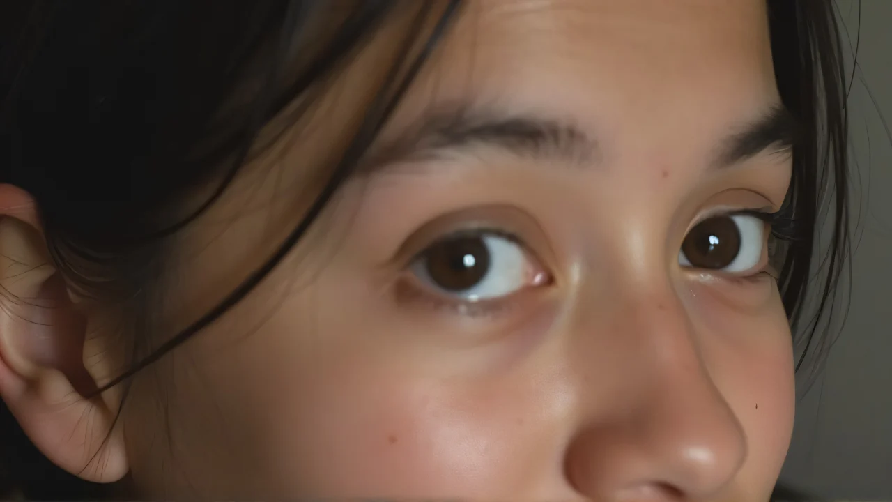 Close-up portrait focusing on a single brown eye against a neutral background.