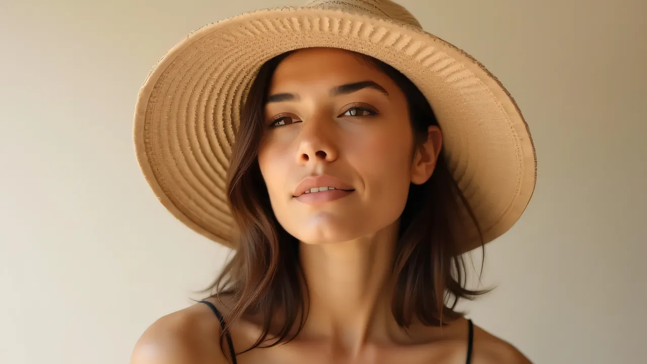 Close-up of a person wearing a wide-brim sun hat with soft backlight.