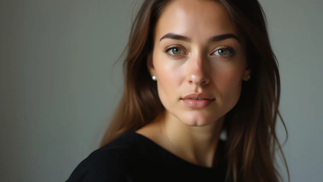 A close-up portrait of a woman wearing a black top, showcasing her natural expression in soft lighting.
