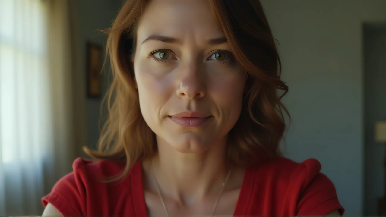 A close-up portrait of a woman wearing a red shirt, showcasing her sharp eyes and calm expression.