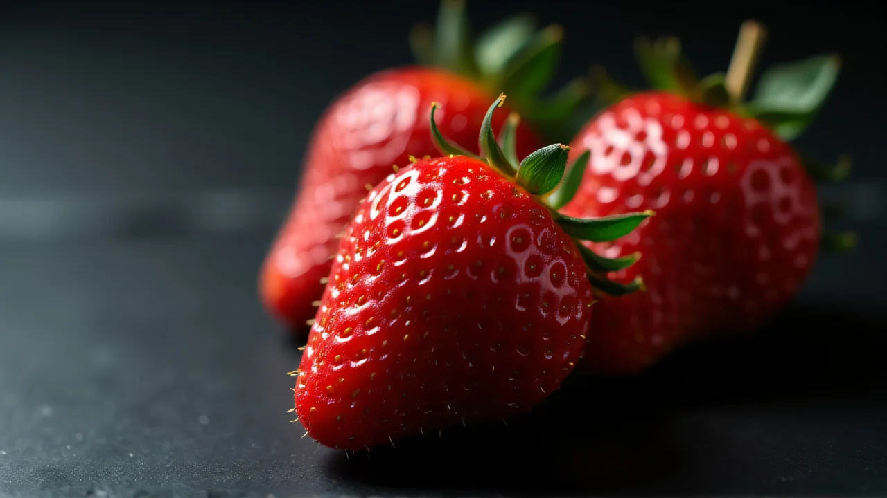 A close-up view of ripe red strawberries resting on a matte black surface.