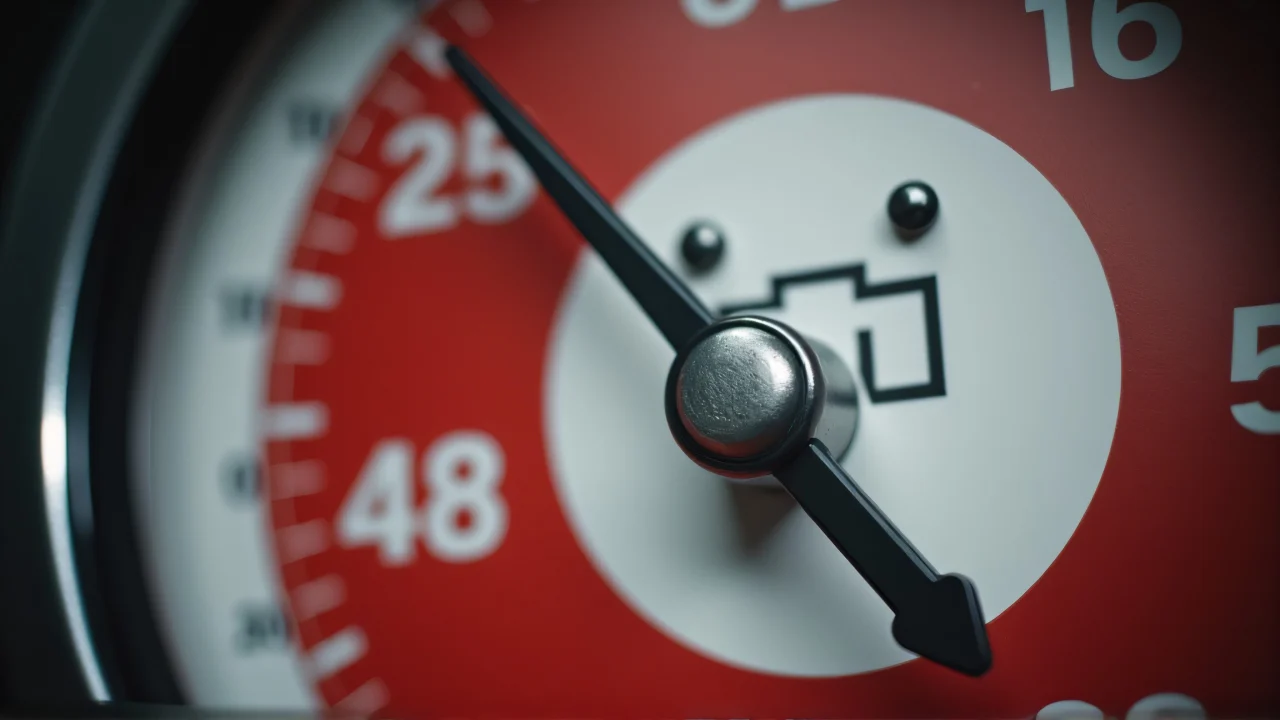 Circular red and white metal gauge face with black numbers and arrows.