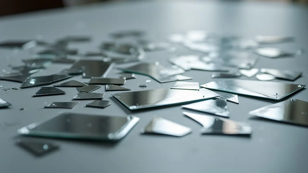 A close-up of a hand reaching for scattered mirror fragments on a gray surface.