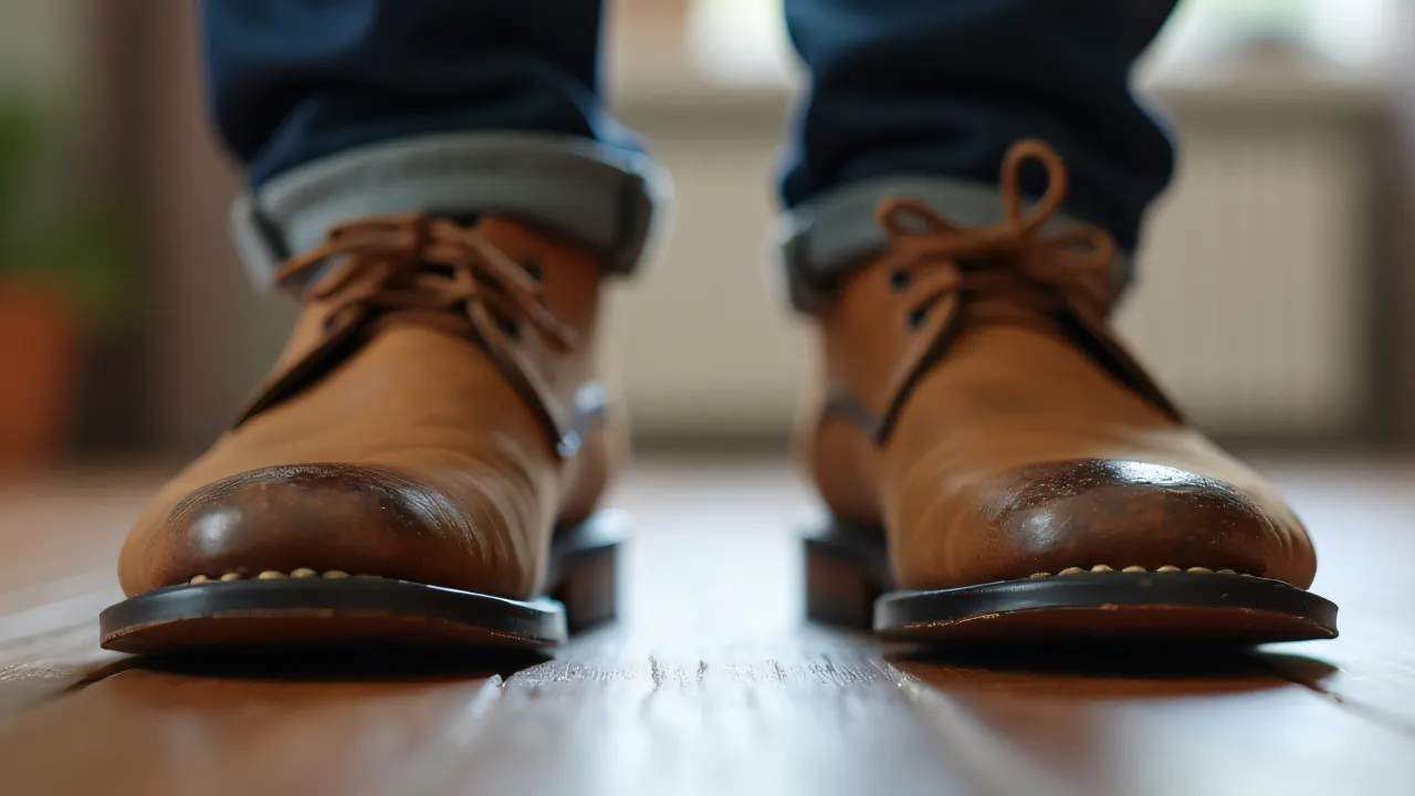 Close-up of scuffed brown leather shoes on wooden floor.