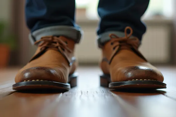 Close-Up Scuffed Brown Leather Shoes on Wood Floor