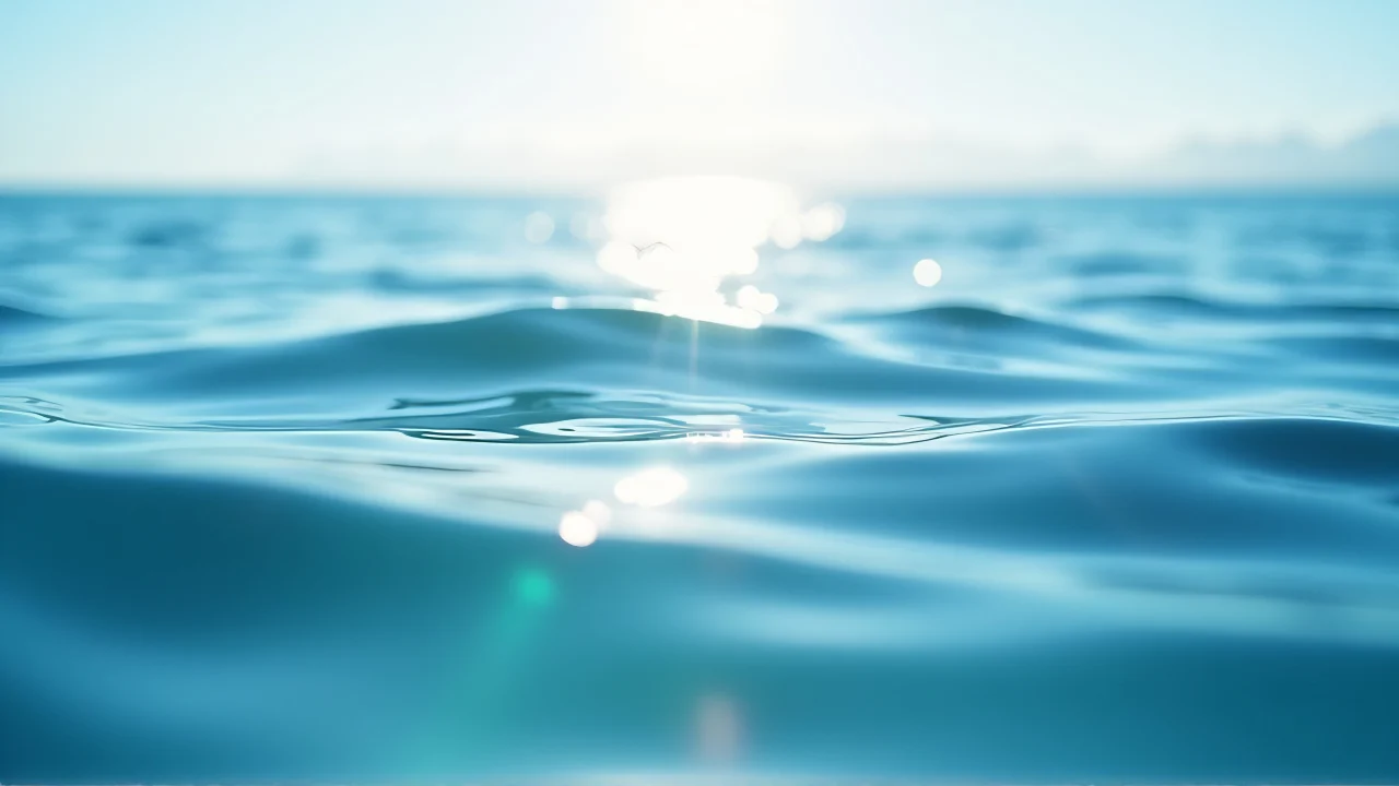 Close-up of sea water surface showing ripples and light reflections at midday.