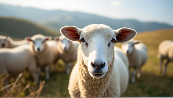 Close-Up Sheep Head Detail With Blurred Flock