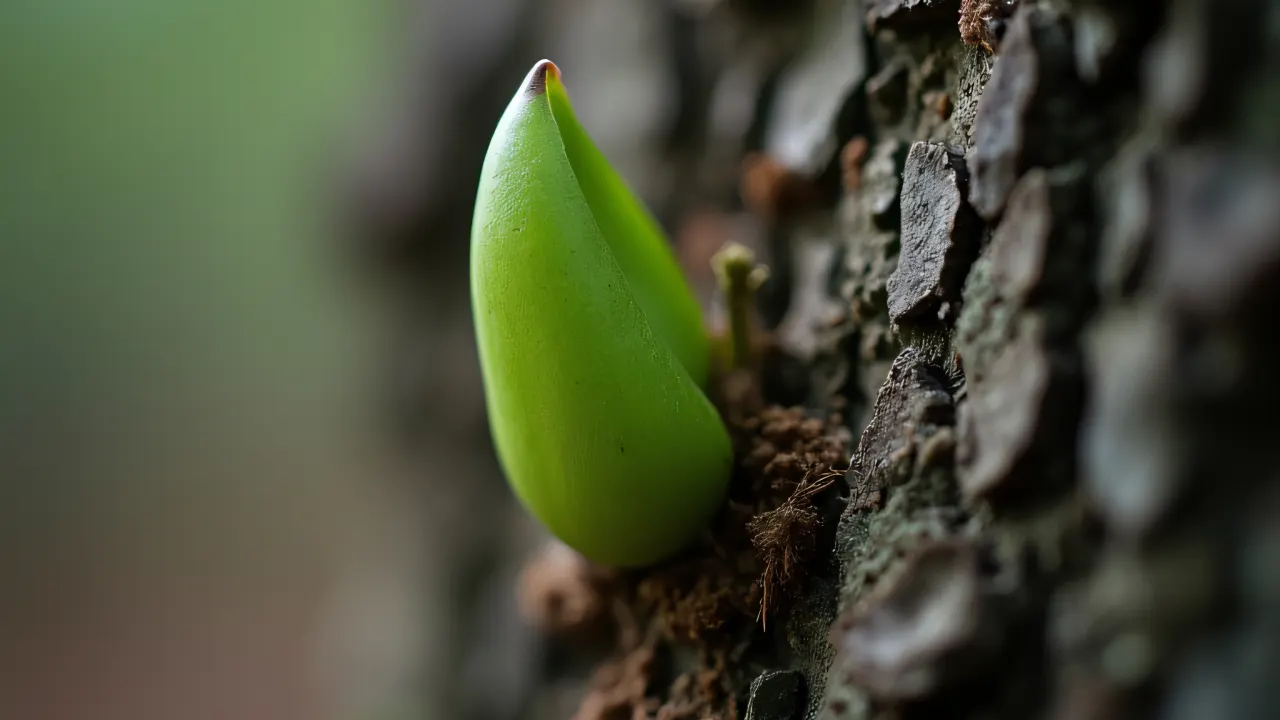 Close-up view of tree bark featuring a new leaf bud.