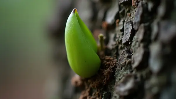 Close-Up Tree Bark With Emerging Leaf Bud
