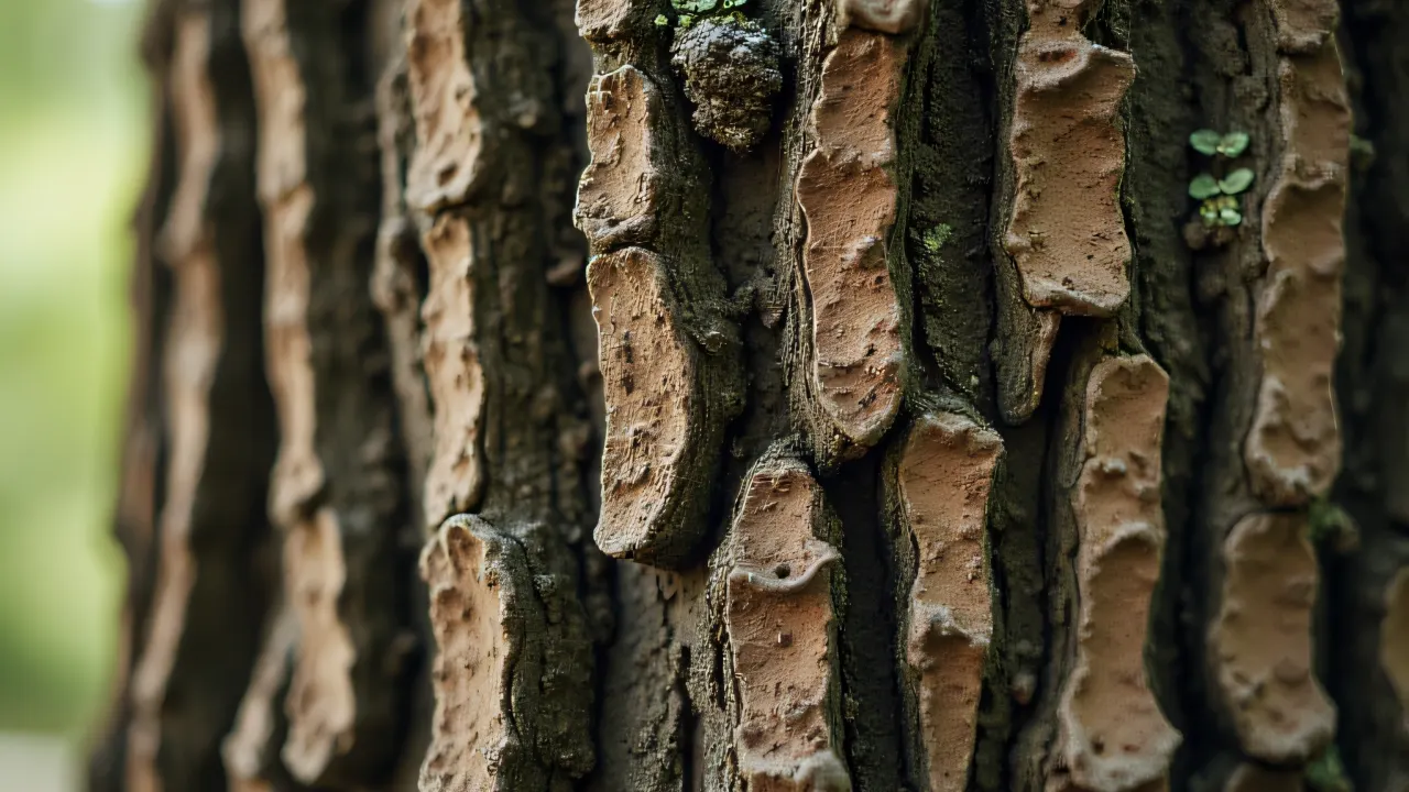 Detailed close-up of a weathered tree trunk with lichen.