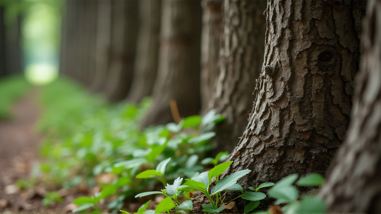 Close-up of rough tree trunks next to low leafy plants in natural light.