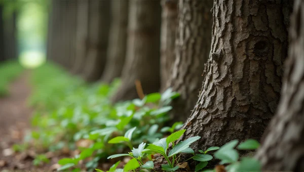 Close-Up Tree Trunks With Leafy Plants Background