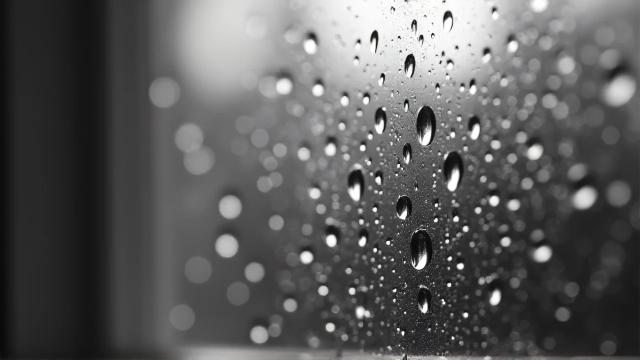 Close-up of water droplets on a smooth glass surface with soft bokeh.