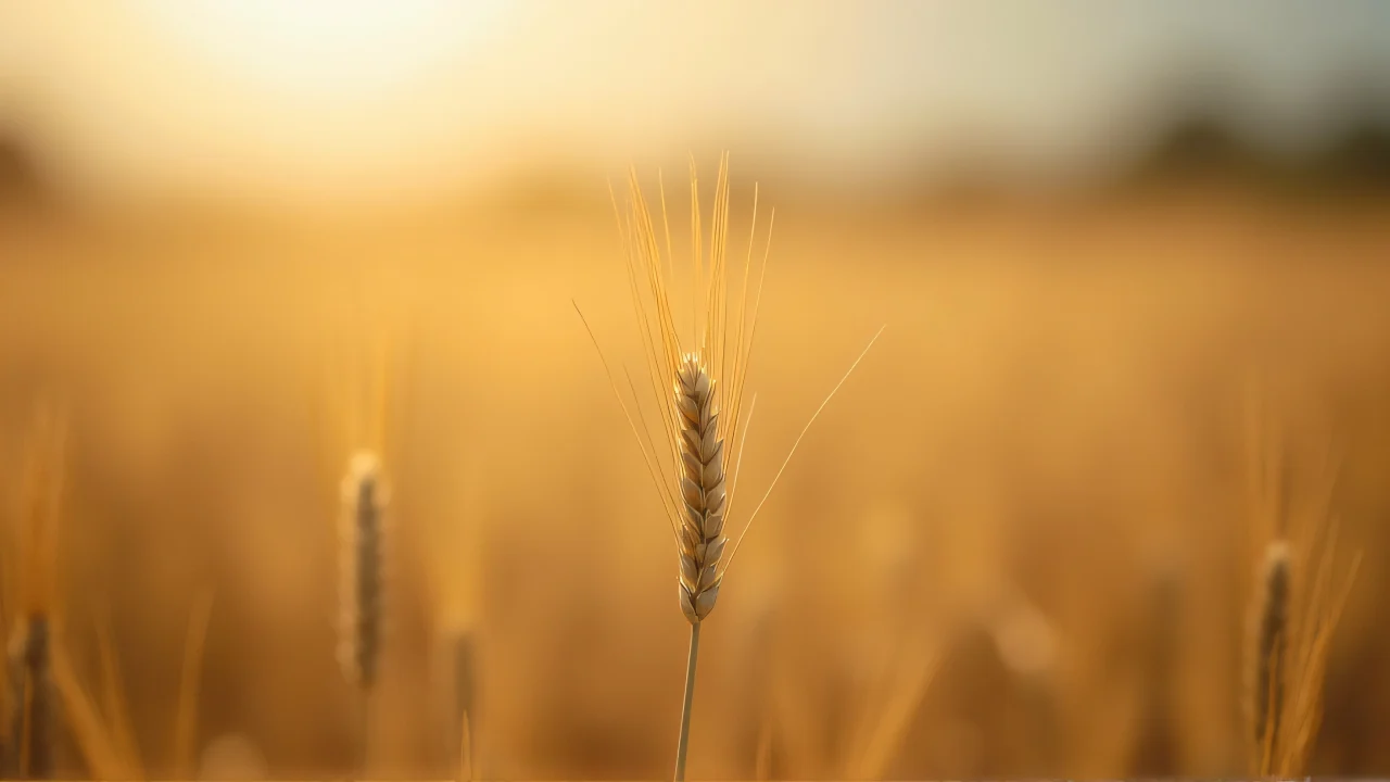 Close-up of a wheat head with golden stalks and soft backlight.