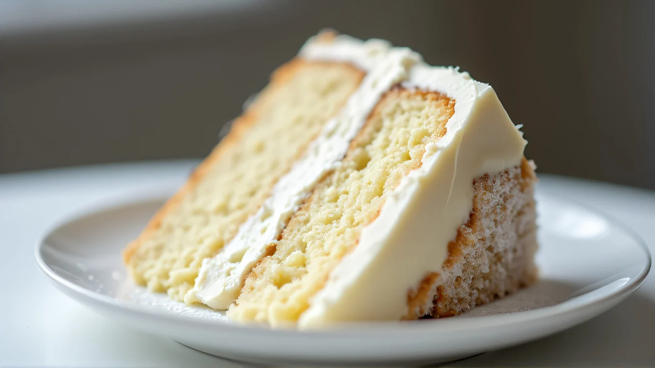 Macro shot of a white cake slice on a ceramic plate showcasing frosting texture and powdered sugar.