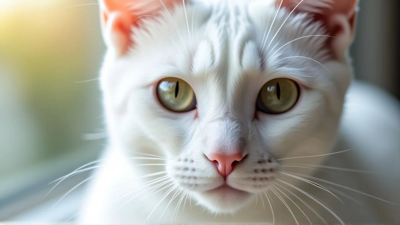 Close-up shot of a white cat's face showing whiskers and nose.